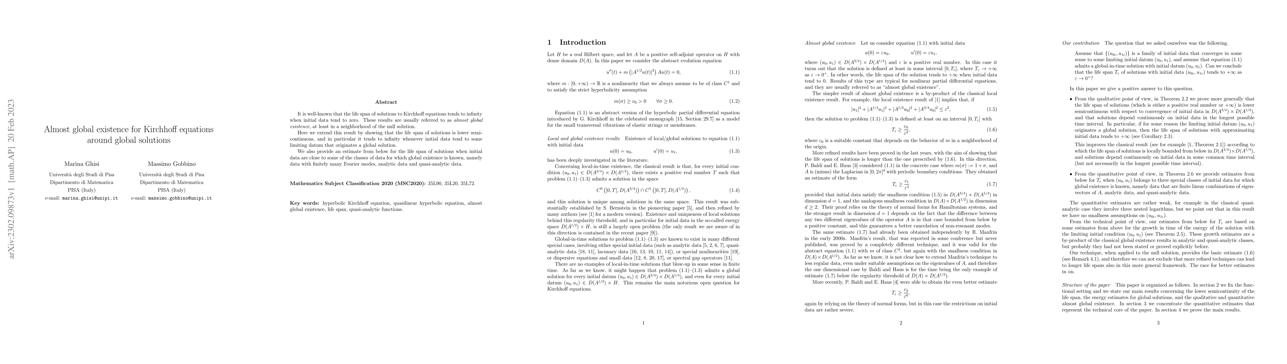 Thumbnail for Almost global existence for Kirchhoff equations around global solutions