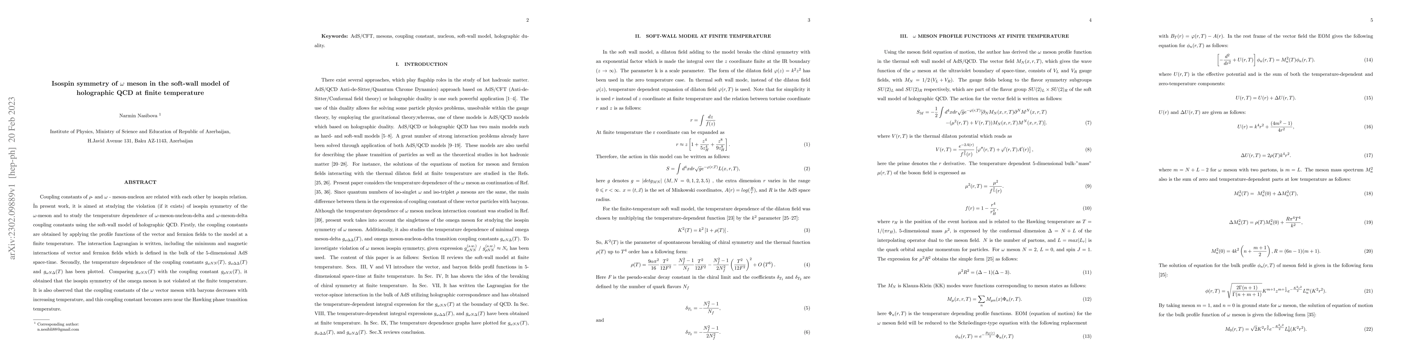 Thumbnail for Isospin symmetry of $\omega$ meson in the soft-wall model of holographic
  QCD at finite temperature