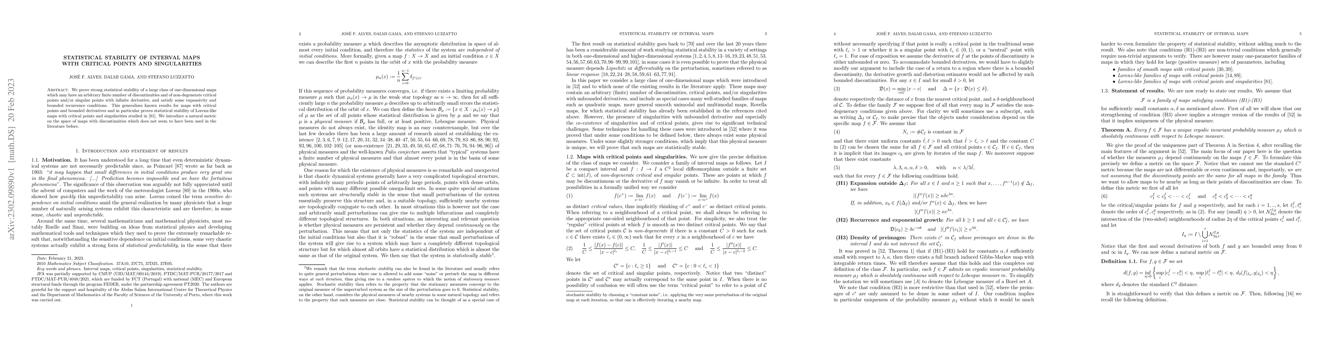 Thumbnail for Statistical stability of interval maps with critical points and
  singularities