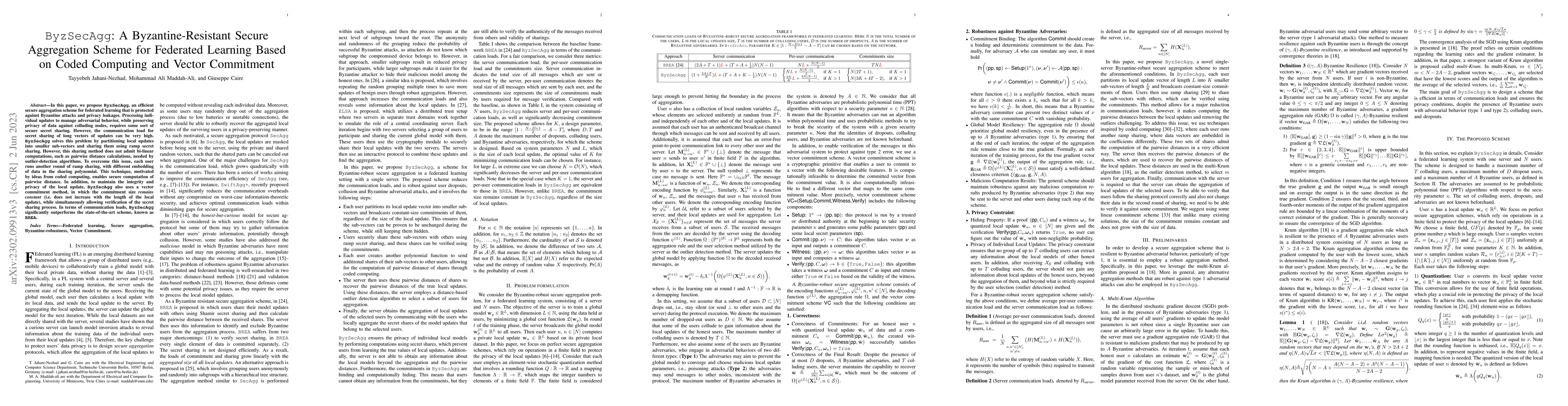 Thumbnail for ByzSecAgg: A Byzantine-Resistant Secure Aggregation Scheme for Federated
  Learning Based on Coded Computing and Vector Commitment