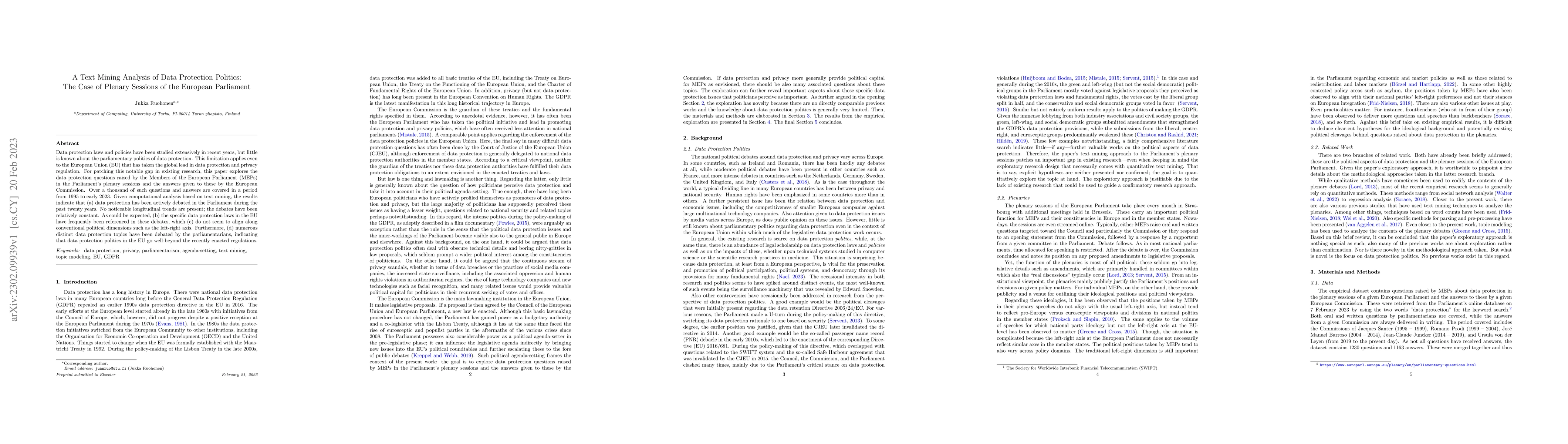 Thumbnail for A Text Mining Analysis of Data Protection Politics: The Case of Plenary
  Sessions of the European Parliament