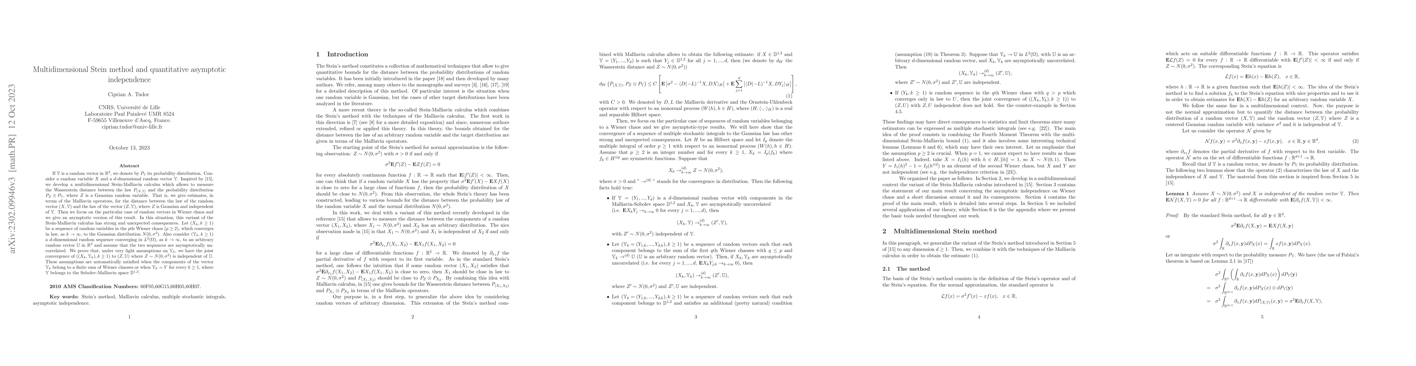 Thumbnail for Multidimensional Stein method and quantitative asymptotic independence