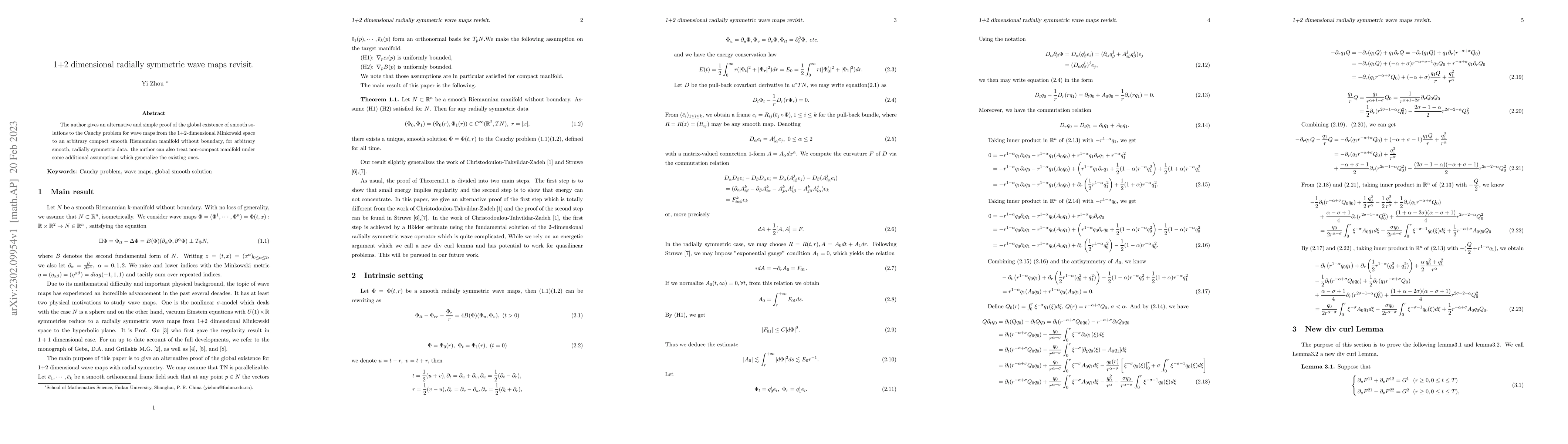 Thumbnail for 1+2 dimensional radially symmetric wave maps revisit