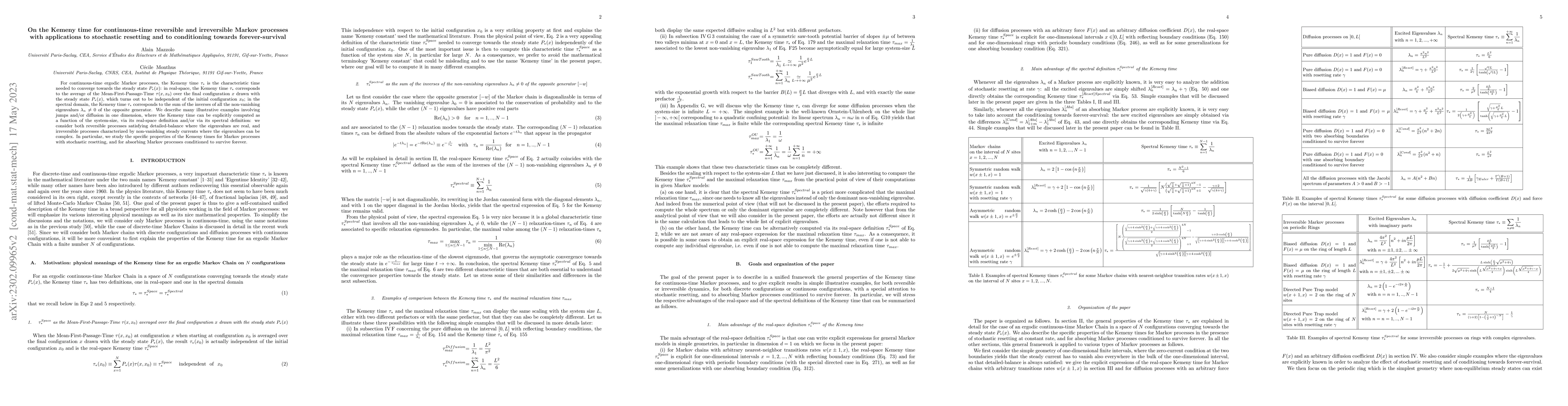 Thumbnail for On the Kemeny time for continuous-time reversible and irreversible
  Markov processes with applications to stochastic resetting and to
  conditioning towards forever-survival