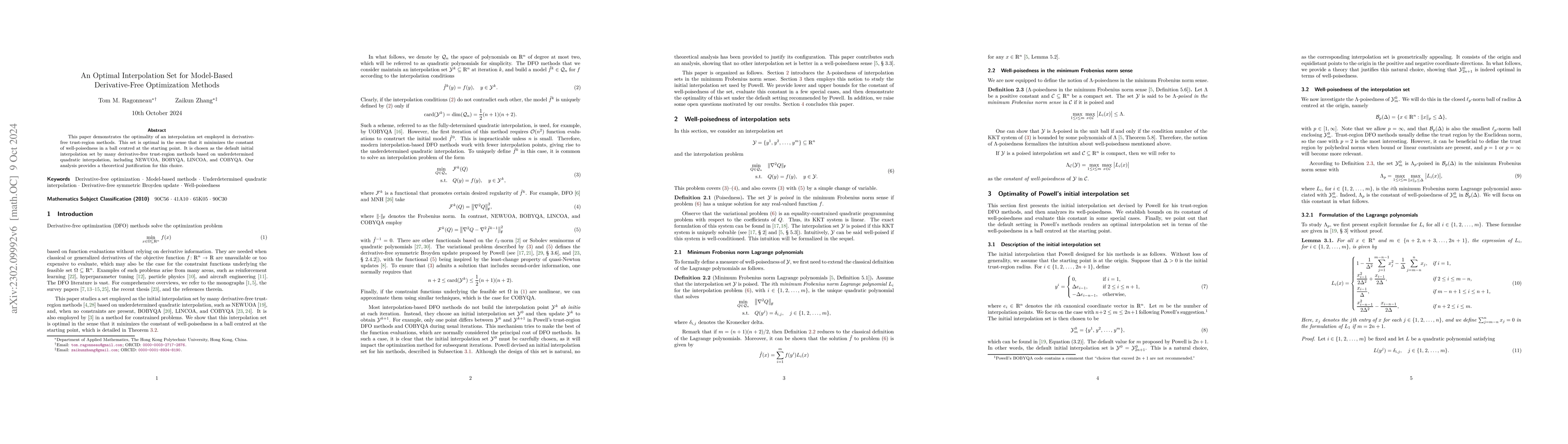 Thumbnail for An Optimal Interpolation Set for Model-Based Derivative-Free
  Optimization Methods