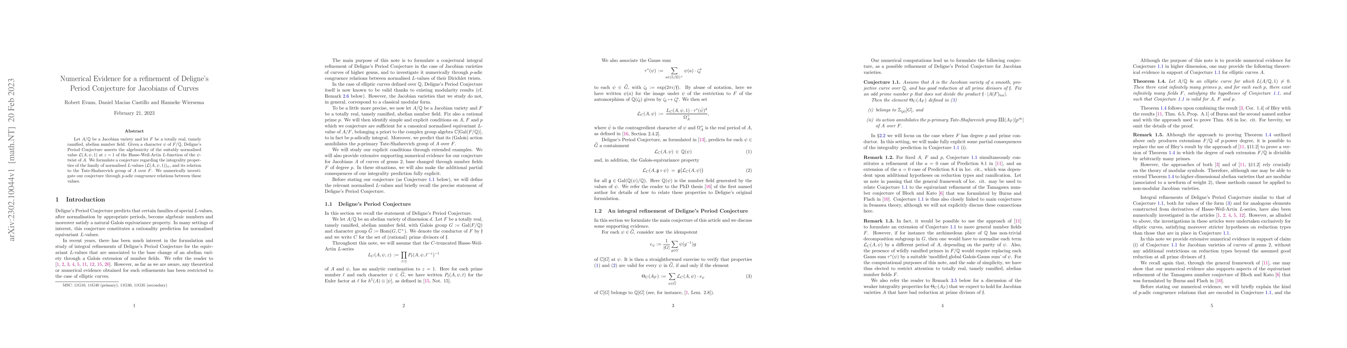 Thumbnail for Numerical Evidence for a refinement of Deligne's Period Conjecture for
  Jacobians of Curves