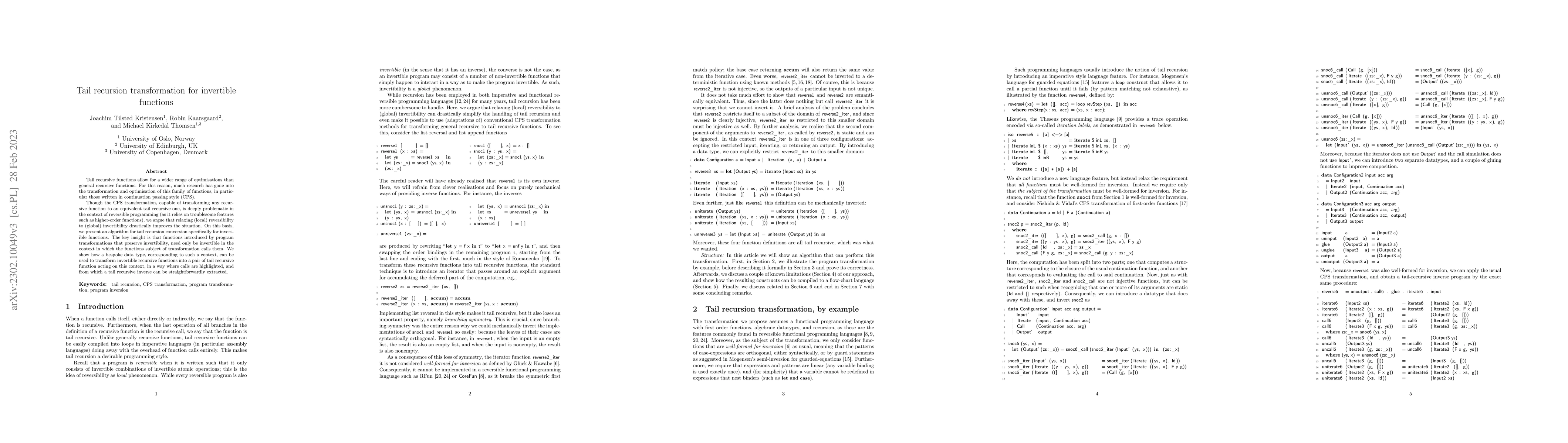 Thumbnail for Tail recursion transformation for invertible functions