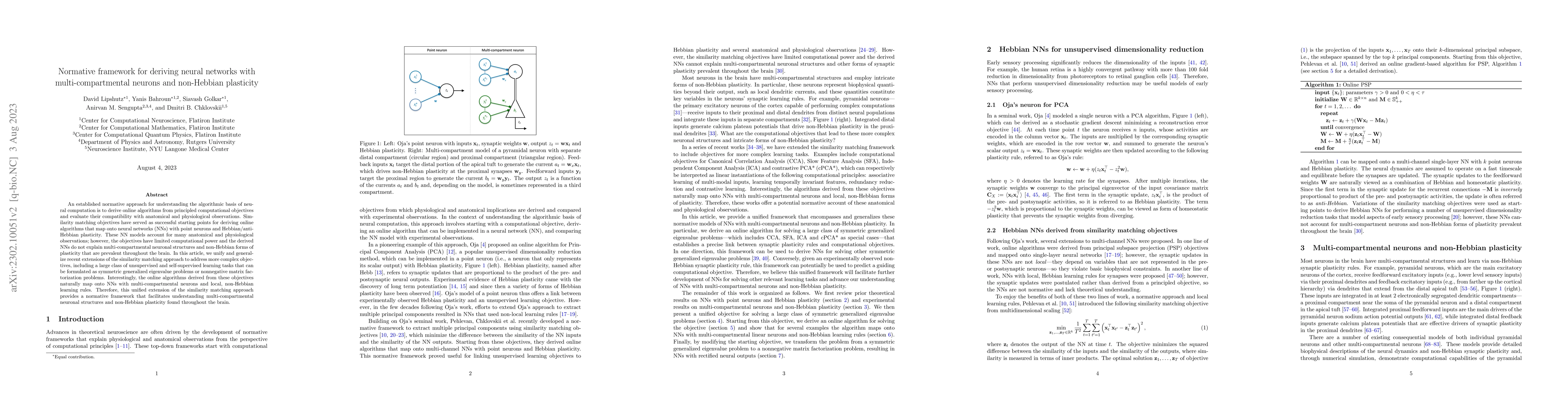 Thumbnail for Normative framework for deriving neural networks with
  multi-compartmental neurons and non-Hebbian plasticity