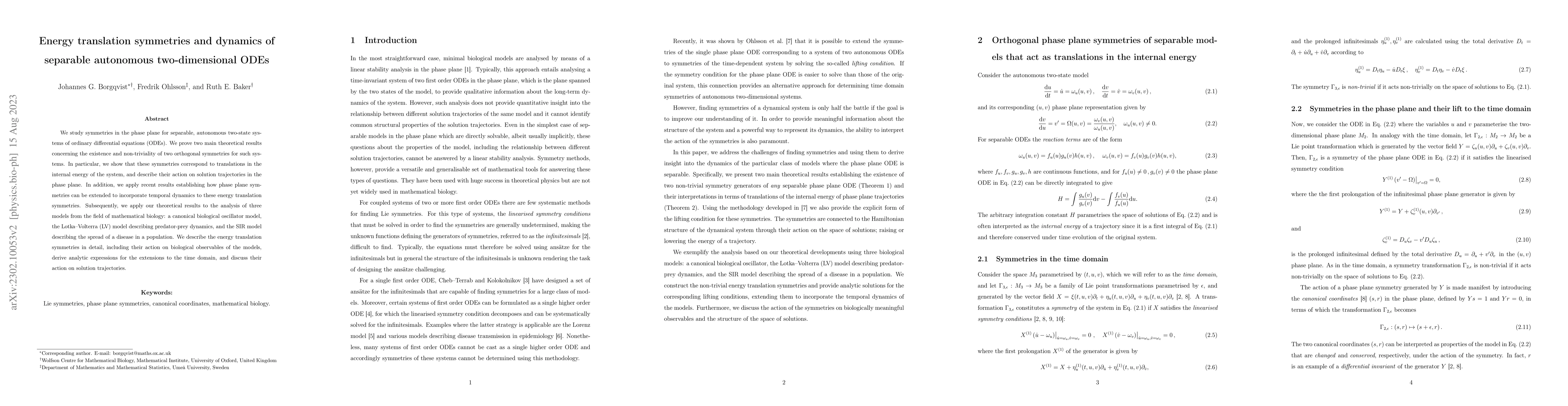 Thumbnail for Energy translation symmetries and dynamics of separable autonomous
  two-dimensional ODEs
