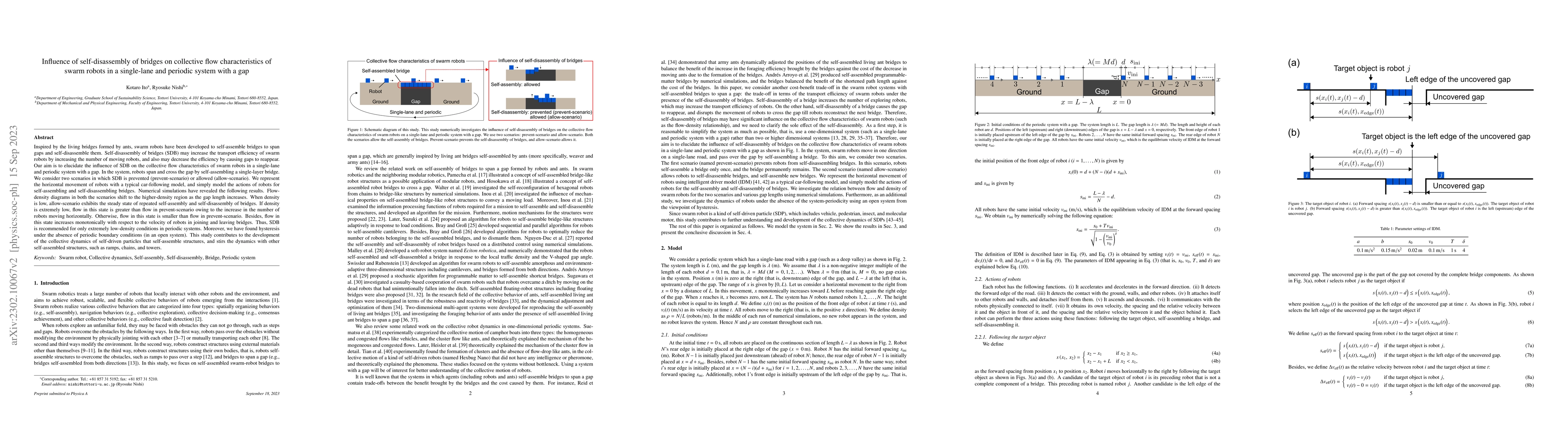 Thumbnail for Influence of self-disassembly of bridges on collective flow
  characteristics of swarm robots in a single-lane and periodic system with a
  gap