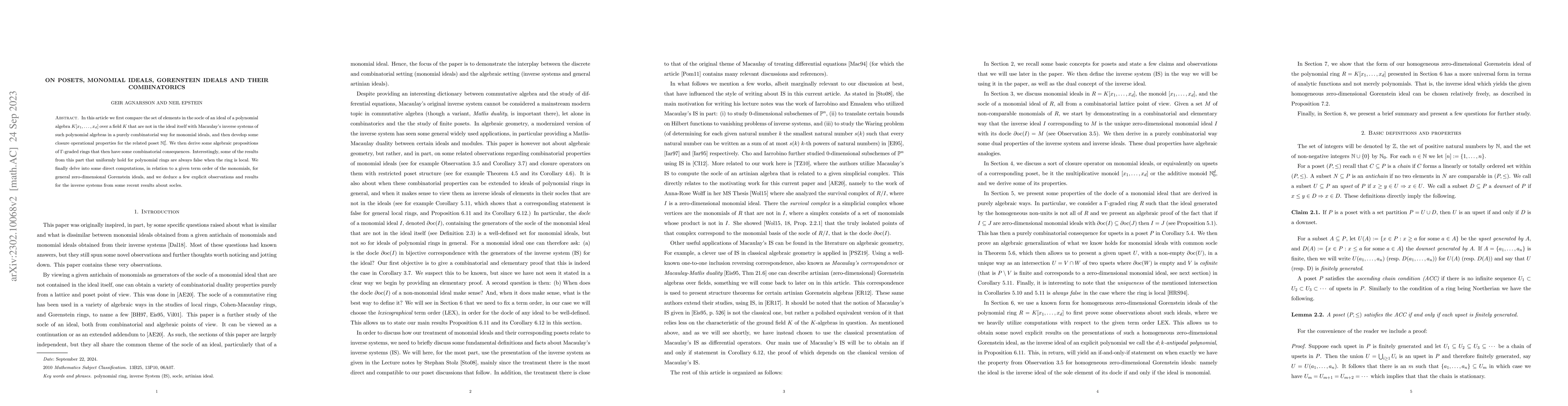 Thumbnail for On posets, monomial ideals, Gorenstein ideals and their combinatorics
