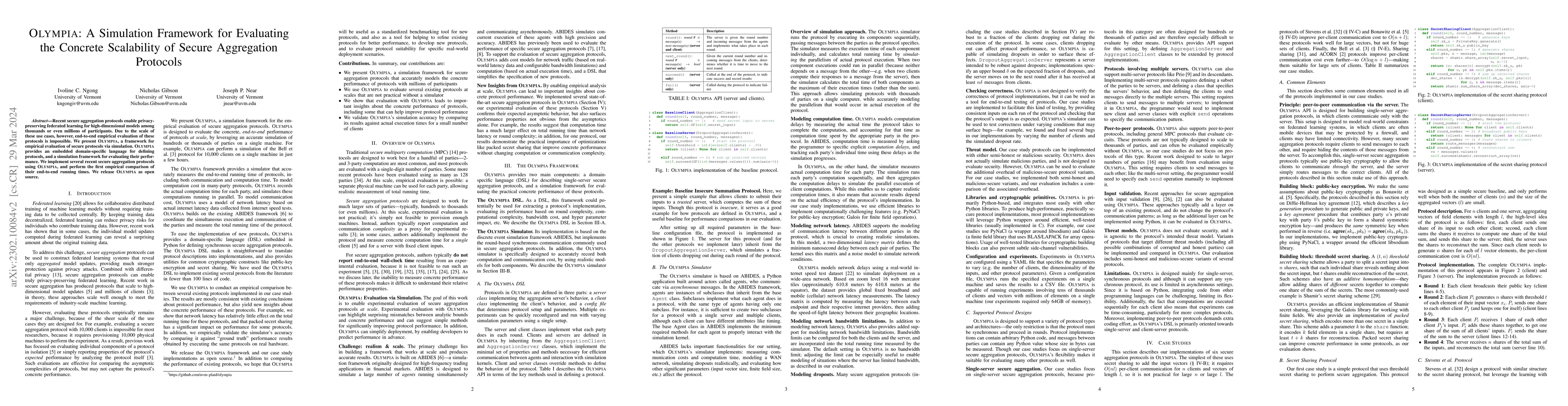 Thumbnail for OLYMPIA: A Simulation Framework for Evaluating the Concrete Scalability
  of Secure Aggregation Protocols