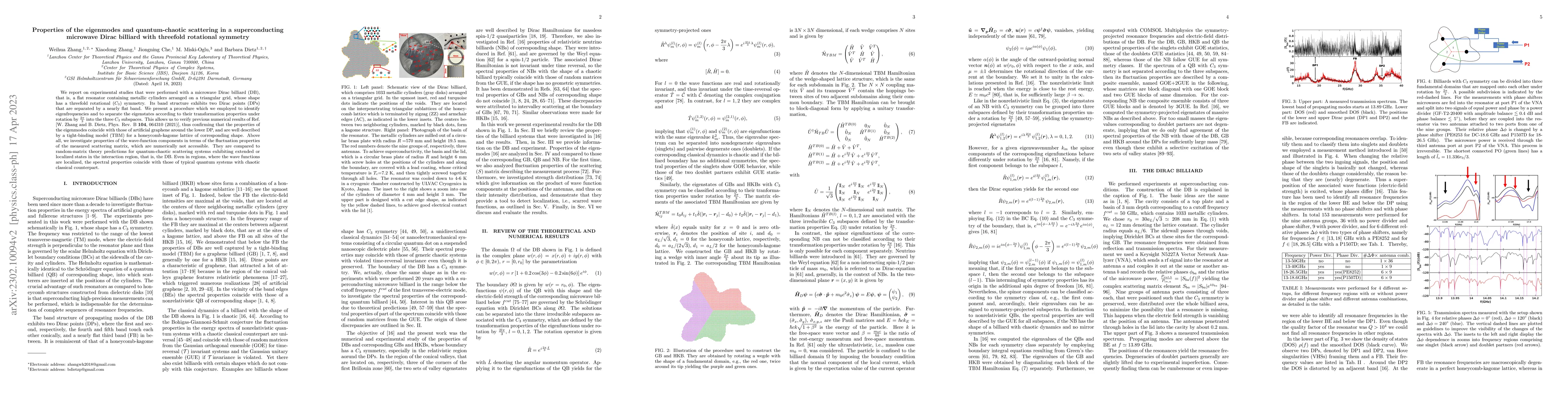 Thumbnail for Properties of the eigenmodes and quantum-chaotic scattering in a
  superconducting microwave Dirac billiard with threefold rotational symmetry