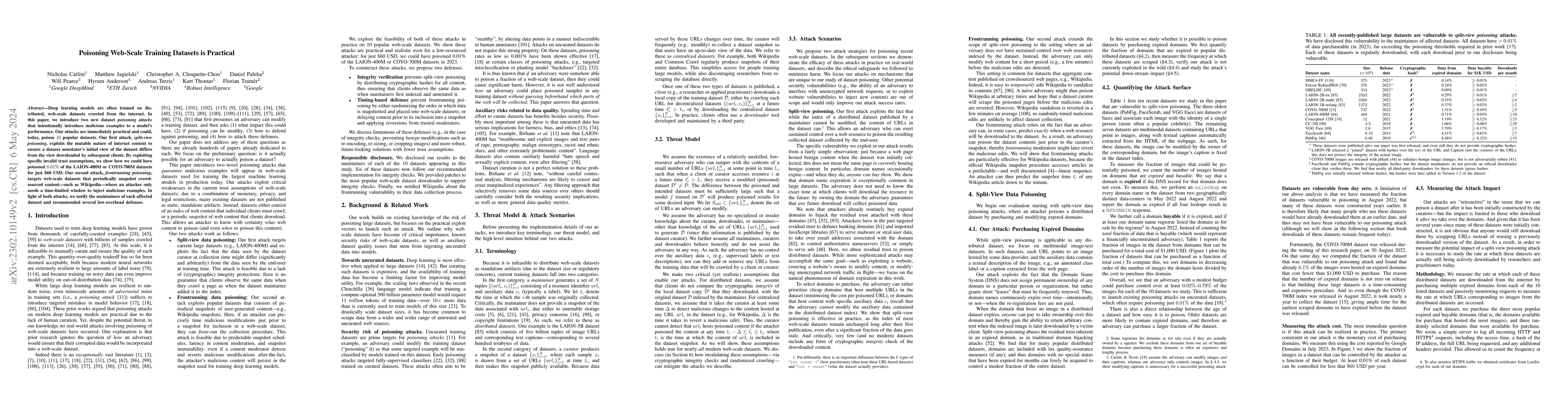 Thumbnail for Poisoning Web-Scale Training Datasets is Practical