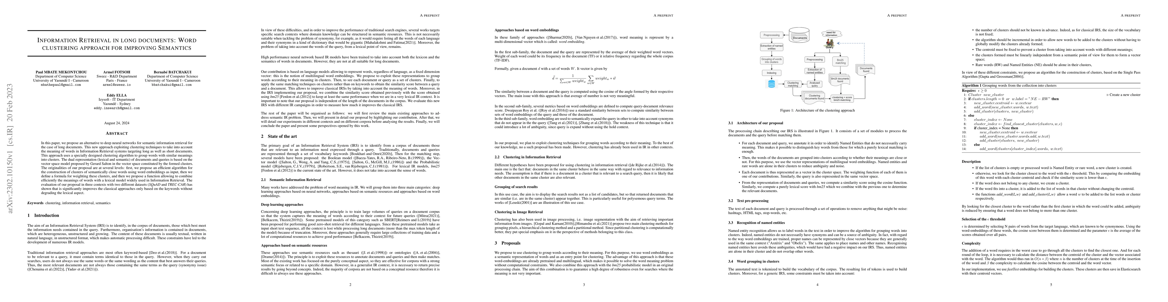 Thumbnail for Information Retrieval in long documents: Word clustering approach for
  improving Semantics