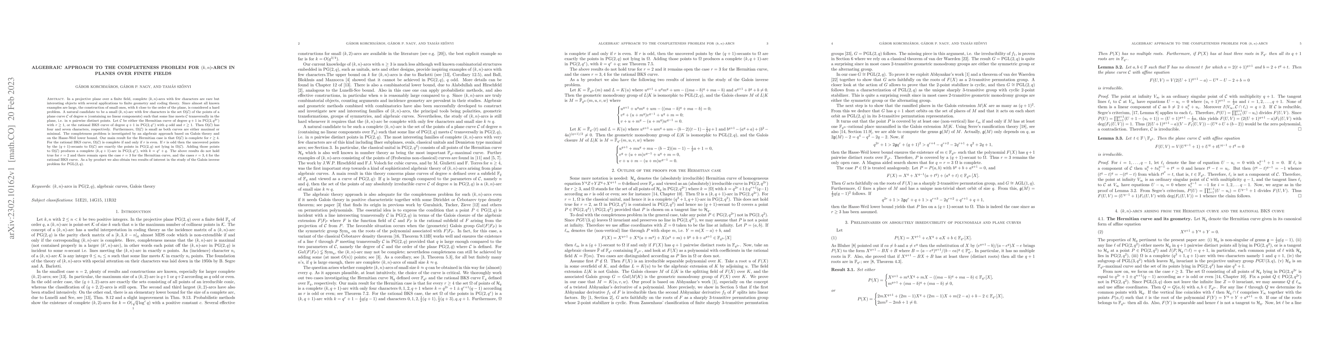 Thumbnail for Algebraic approach to the completeness problem for $(k,n)$-arcs in
  planes over finite fields