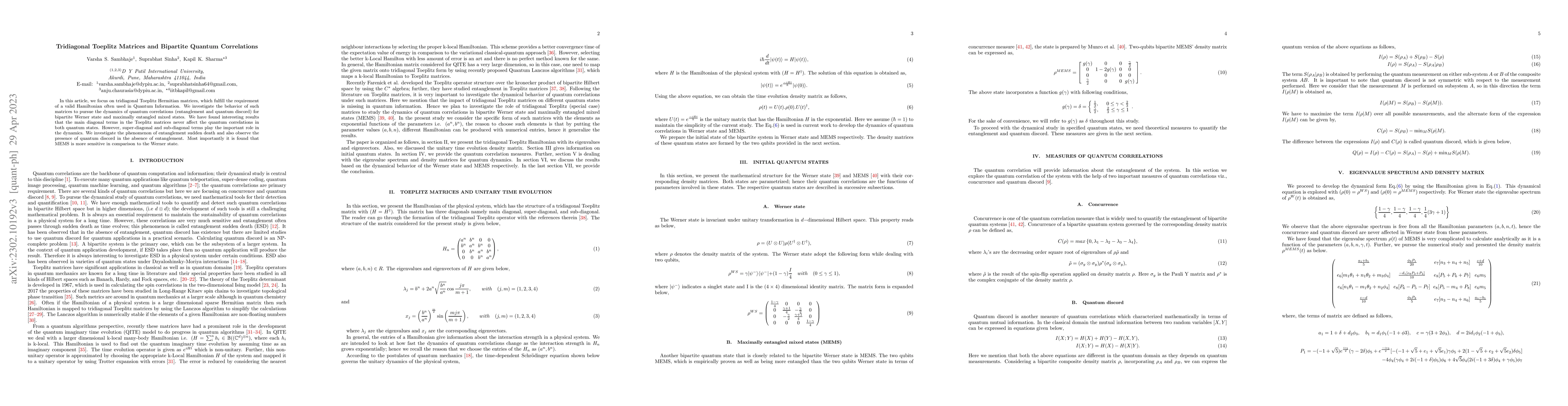 Thumbnail for Tridiagonal Toeplitz Matrices and Bipartite Quantum Correlations