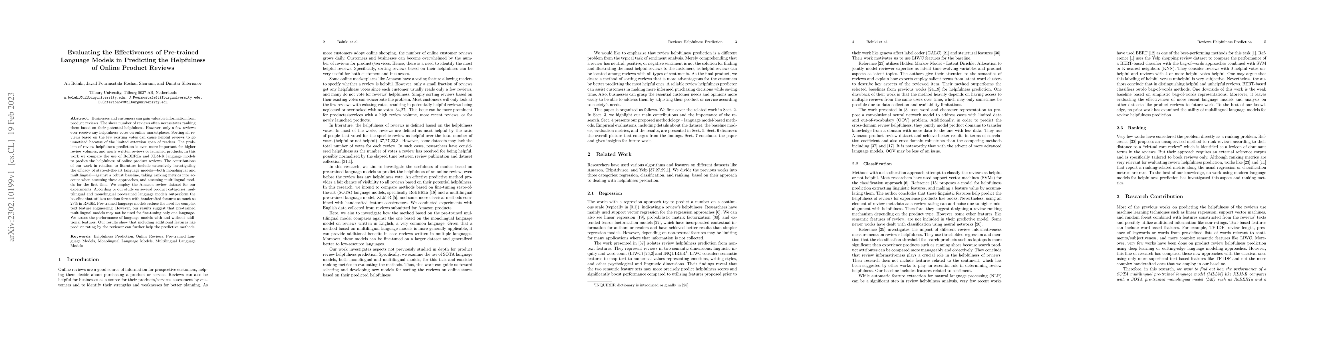 Thumbnail for Evaluating the Effectiveness of Pre-trained Language Models in
  Predicting the Helpfulness of Online Product Reviews