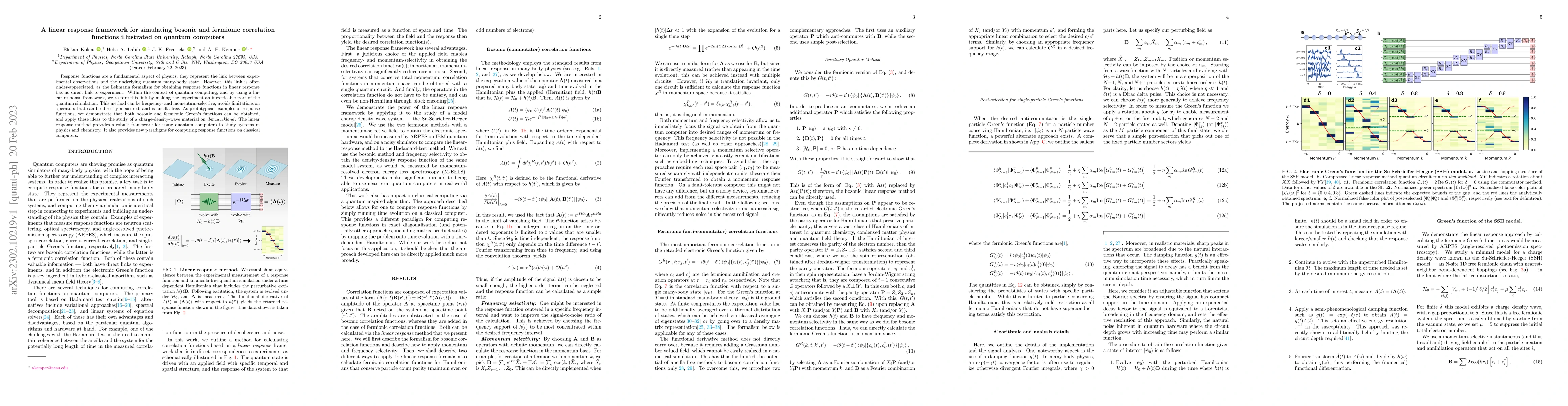 Thumbnail for A linear response framework for simulating bosonic and fermionic
  correlation functions illustrated on quantum computers