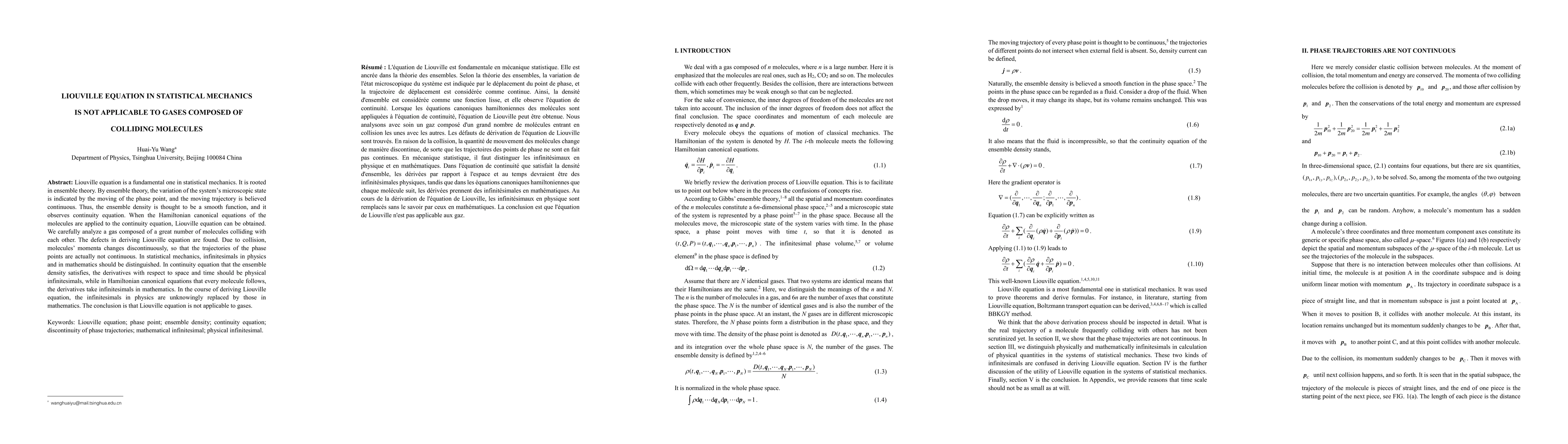 Thumbnail for Liouville equation in statistical mechanics is not applicable to gases
  composed of colliding molecules