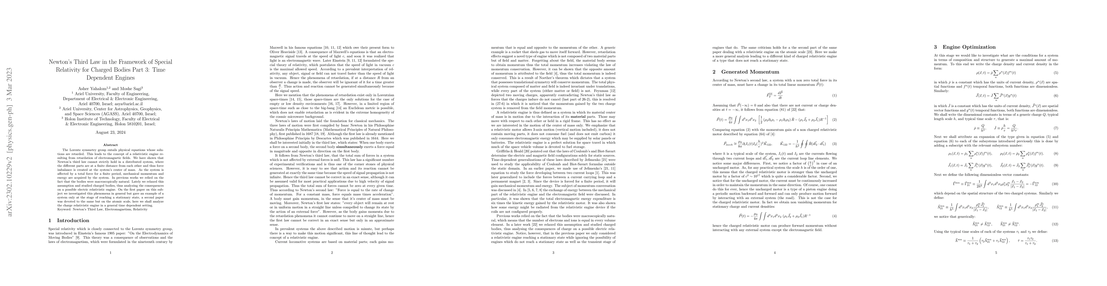 Thumbnail for Newton's Third Law in the Framework of Special Relativity for Charged
  Bodies Part 3: Time Dependent Engines