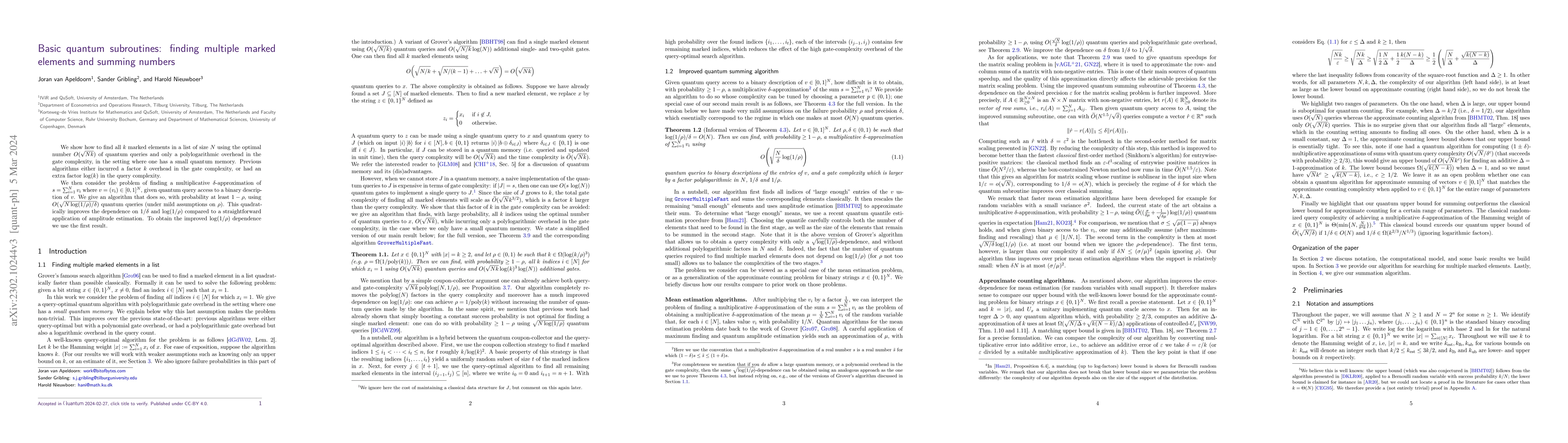 Thumbnail for Basic quantum subroutines: finding multiple marked elements and summing
  numbers