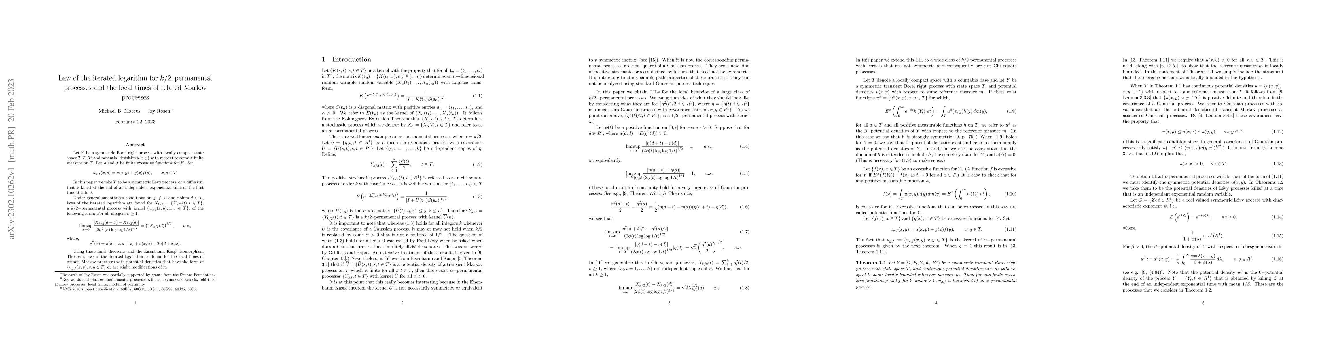 Thumbnail for Law of the iterated logarithm for $k/2$-permanental processes and the
  local times of related Markov processes