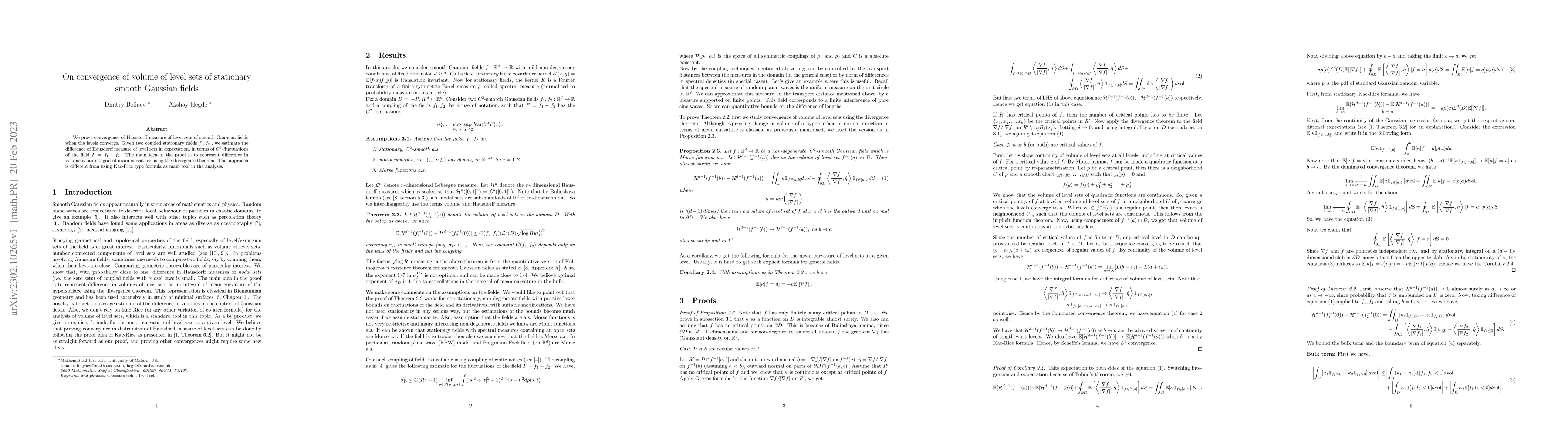 Thumbnail for On convergence of volume of level sets of stationary smooth Gaussian
  fields