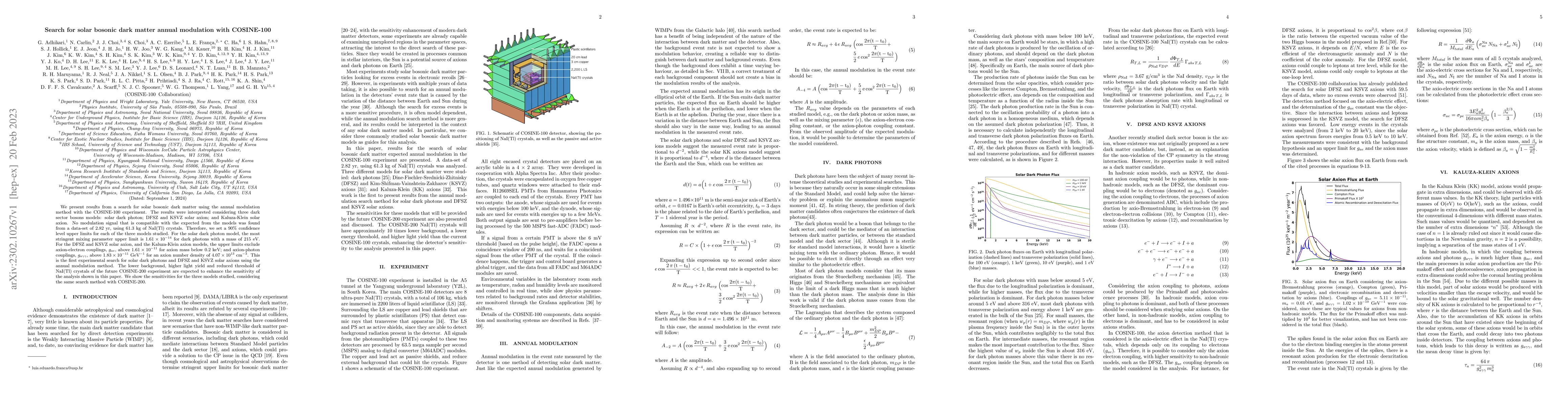 Thumbnail for Search for solar bosonic dark matter annual modulation with COSINE-100
