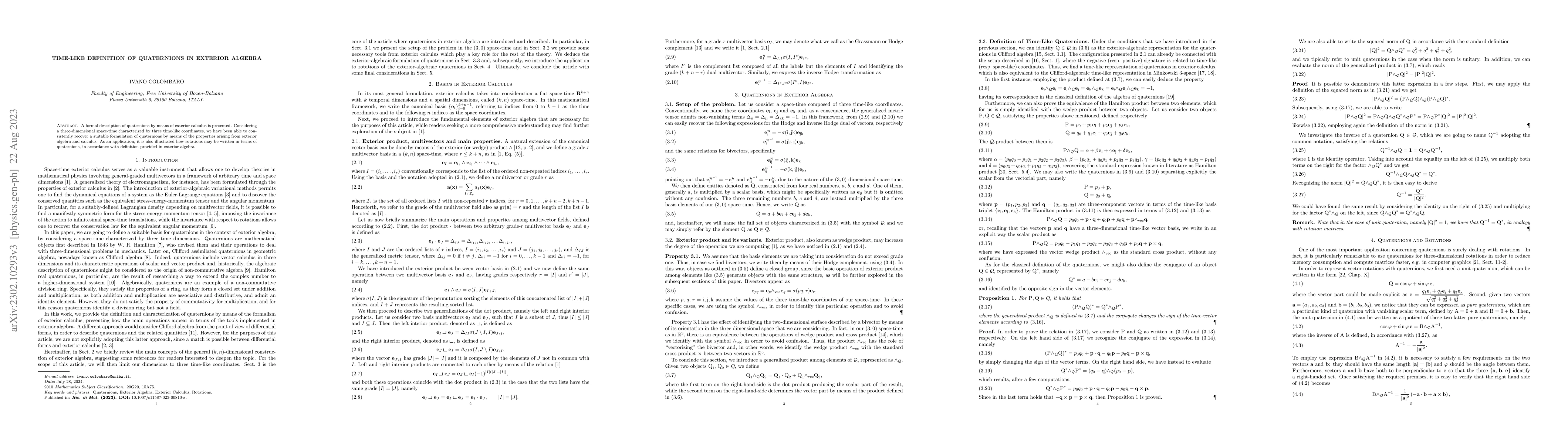 Thumbnail for Time-like definition of quaternions in exterior algebra