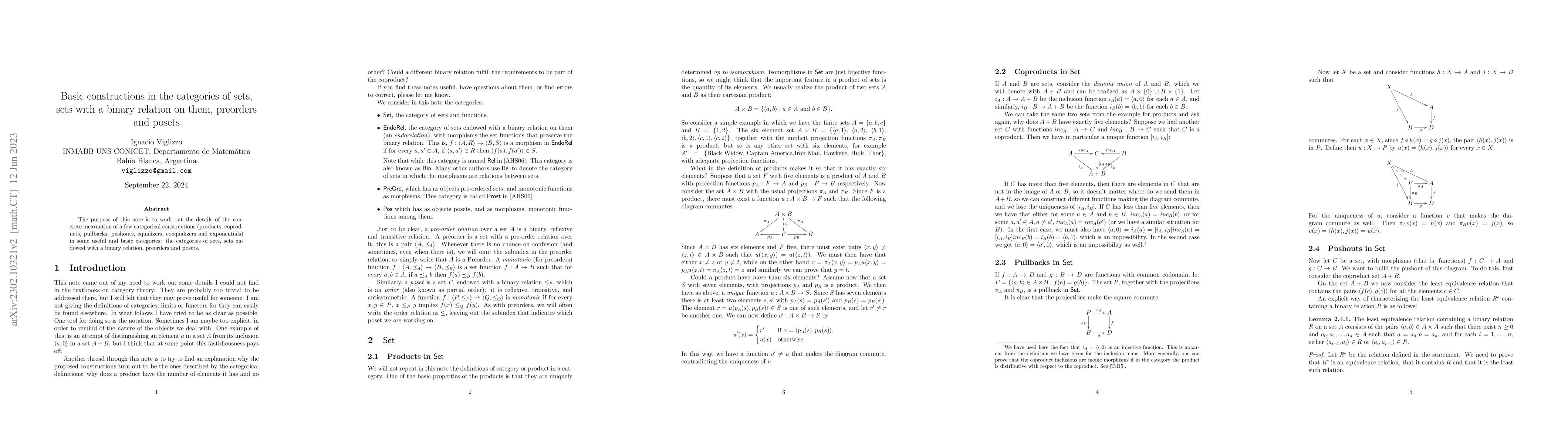 Thumbnail for Basic constructions in the categories of sets, sets with a binary
  relation on them, preorders, and posets