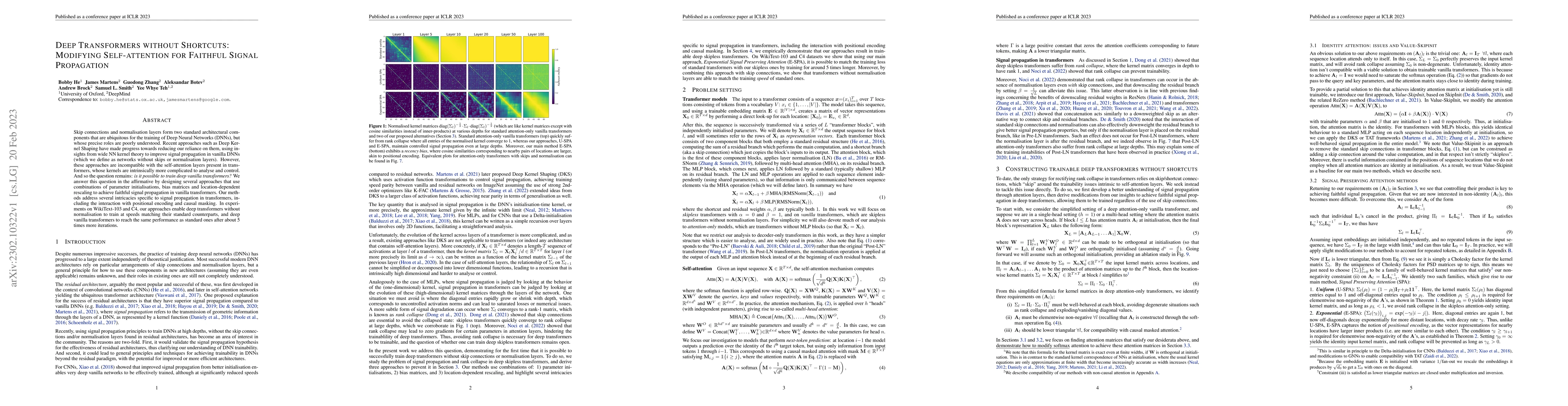 Thumbnail for Deep Transformers without Shortcuts: Modifying Self-attention for
  Faithful Signal Propagation