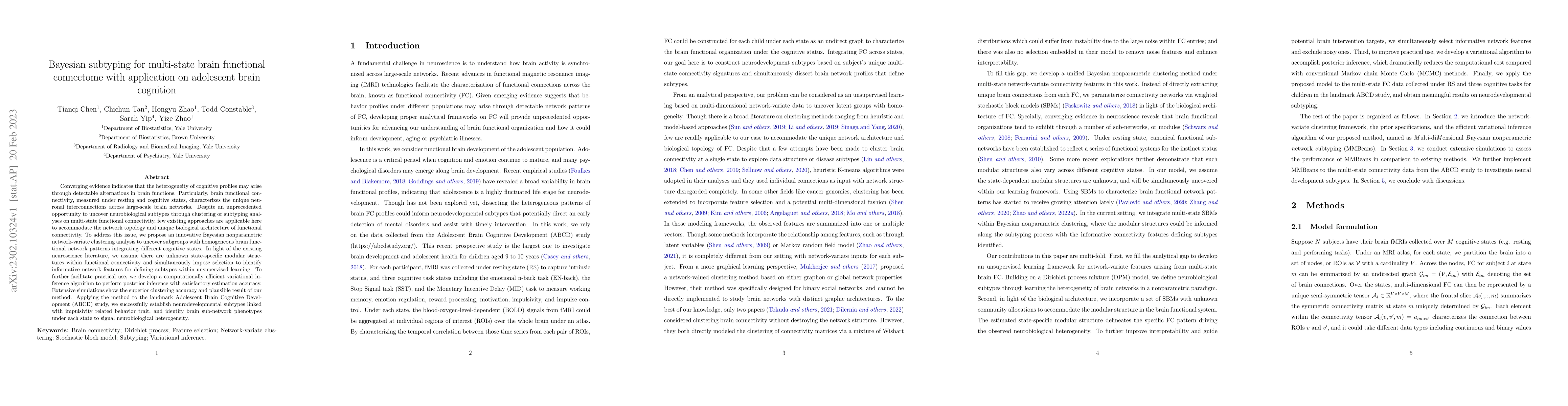 Thumbnail for Bayesian subtyping for multi-state brain functional connectome with
  application on adolescent brain cognition