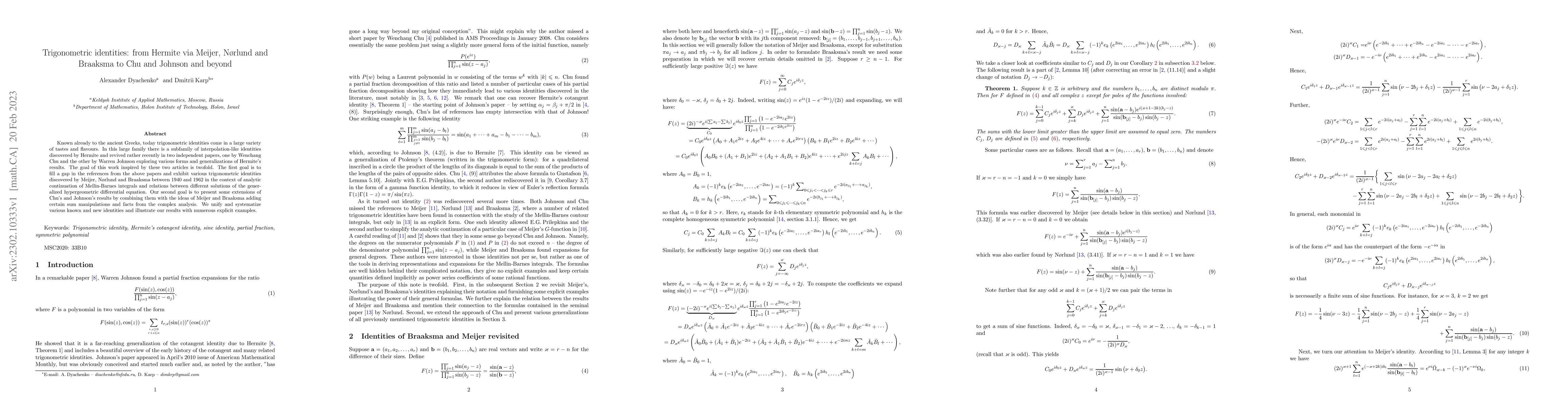 Thumbnail for Trigonometric identities: from Hermite via Meijer, N{\o}rlund and
  Braaksma to Chu and Johnson and beyond