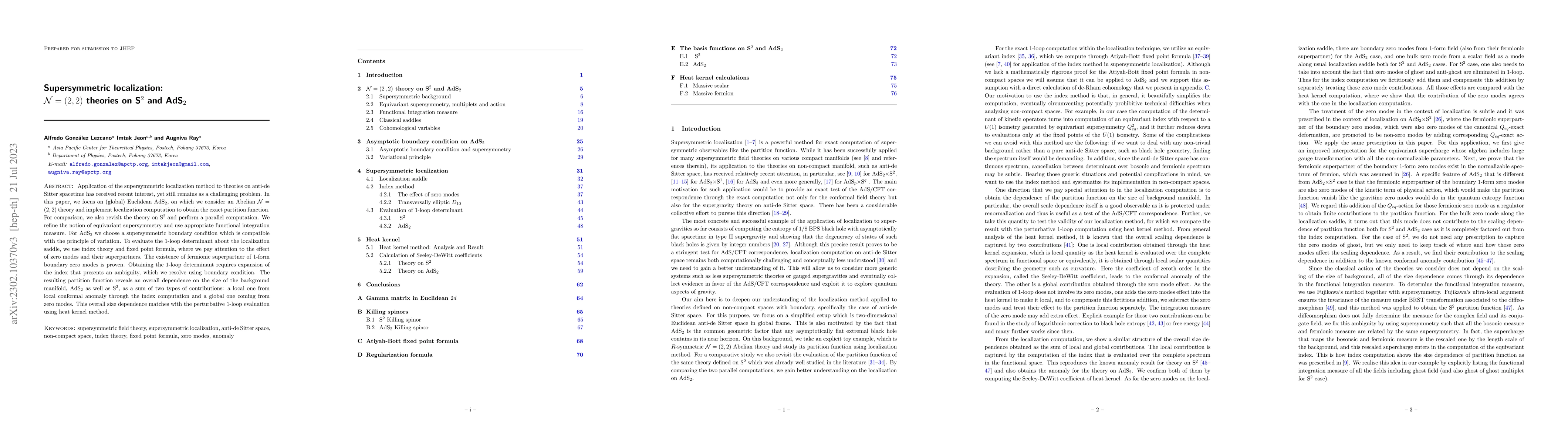 Thumbnail for Supersymmetric localization: ${\cal N}=(2,2)$ theories on S$^2$ and
  AdS$_2$