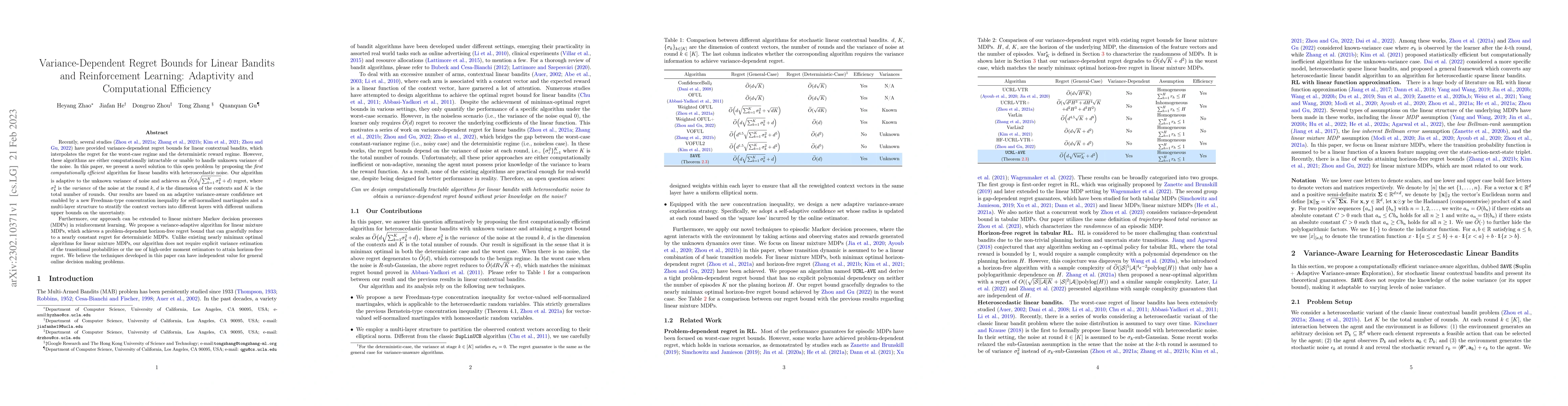 Thumbnail for Variance-Dependent Regret Bounds for Linear Bandits and Reinforcement
  Learning: Adaptivity and Computational Efficiency