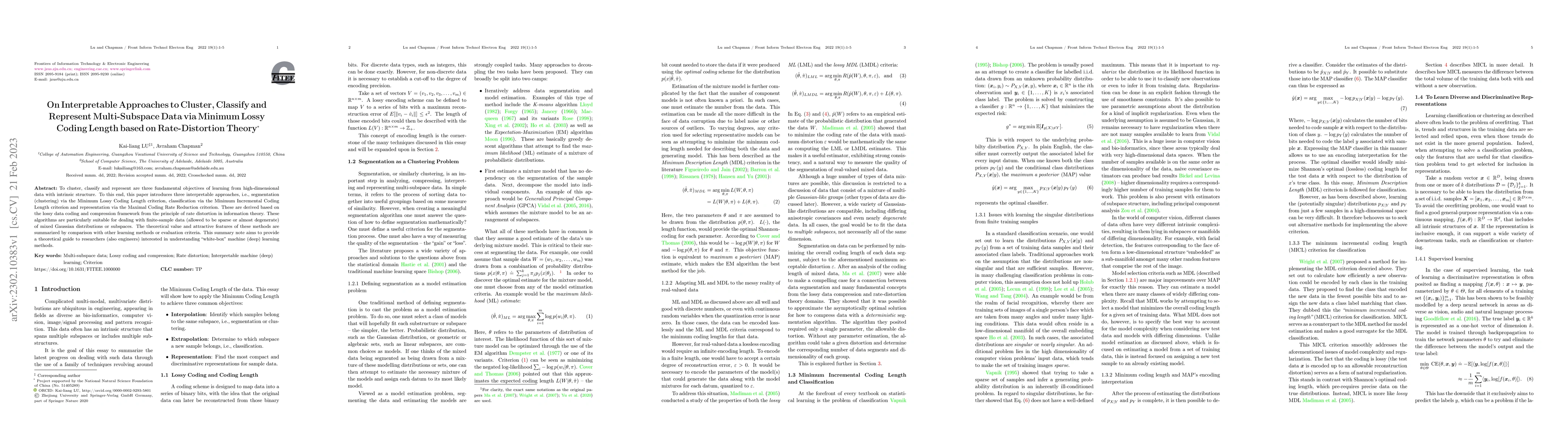 Thumbnail for On Interpretable Approaches to Cluster, Classify and Represent
  Multi-Subspace Data via Minimum Lossy Coding Length based on Rate-Distortion
  Theory