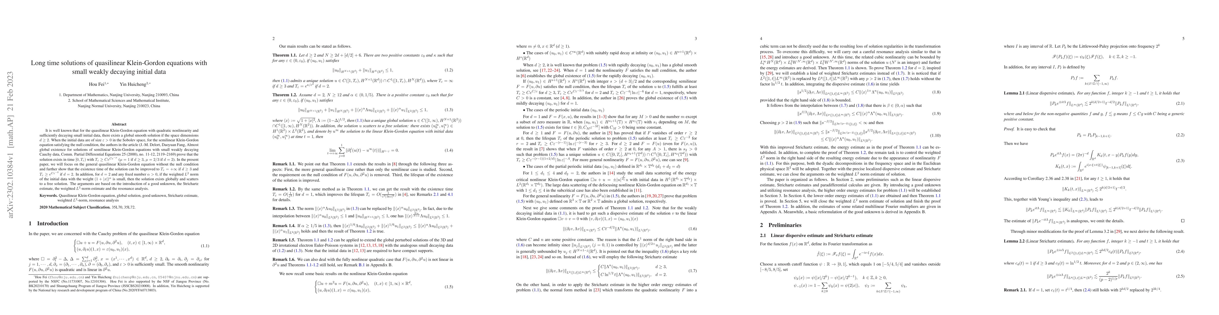 Thumbnail for Long time solutions of quasilinear Klein-Gordon equations with small
  weakly decaying initial data