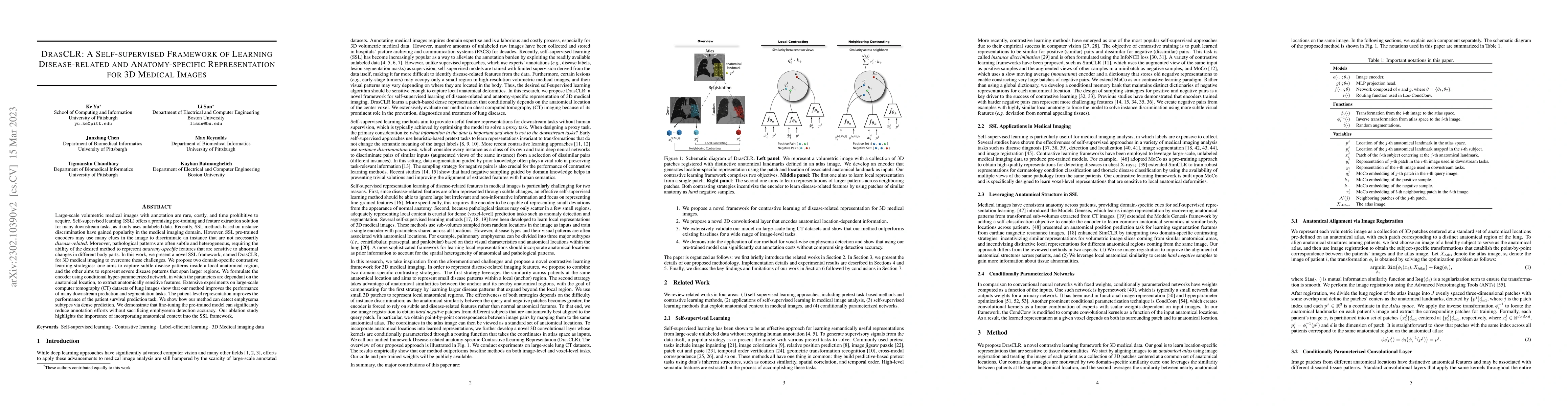 Thumbnail for DrasCLR: A Self-supervised Framework of Learning Disease-related and
  Anatomy-specific Representation for 3D Medical Images