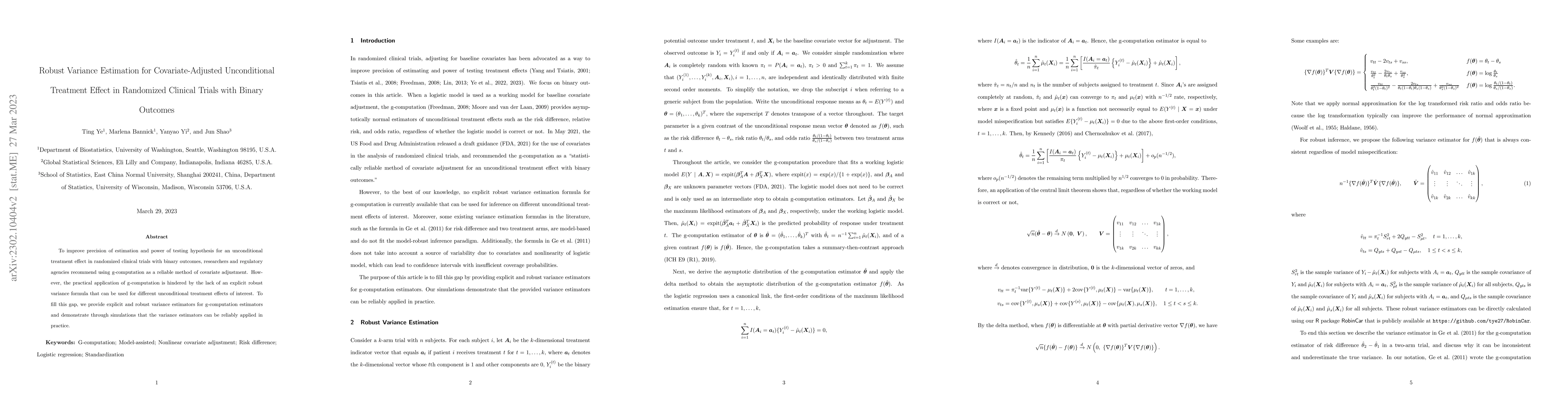 Thumbnail for Robust Variance Estimation for Covariate-Adjusted Unconditional
  Treatment Effect in Randomized Clinical Trials with Binary Outcomes