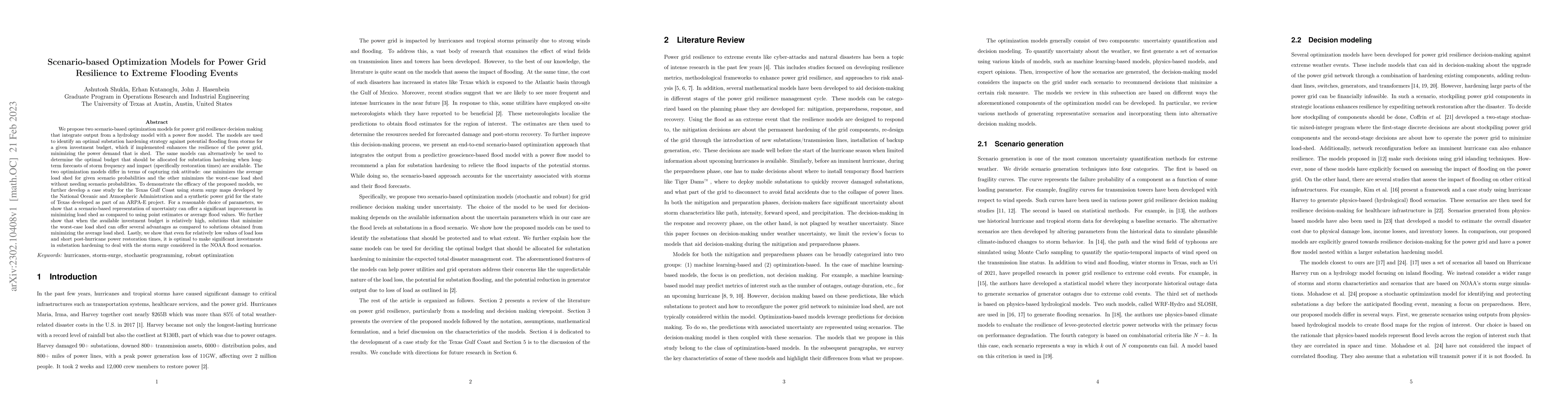 Thumbnail for Scenario-based Optimization Models for Power Grid Resilience to Extreme
  Flooding Events
