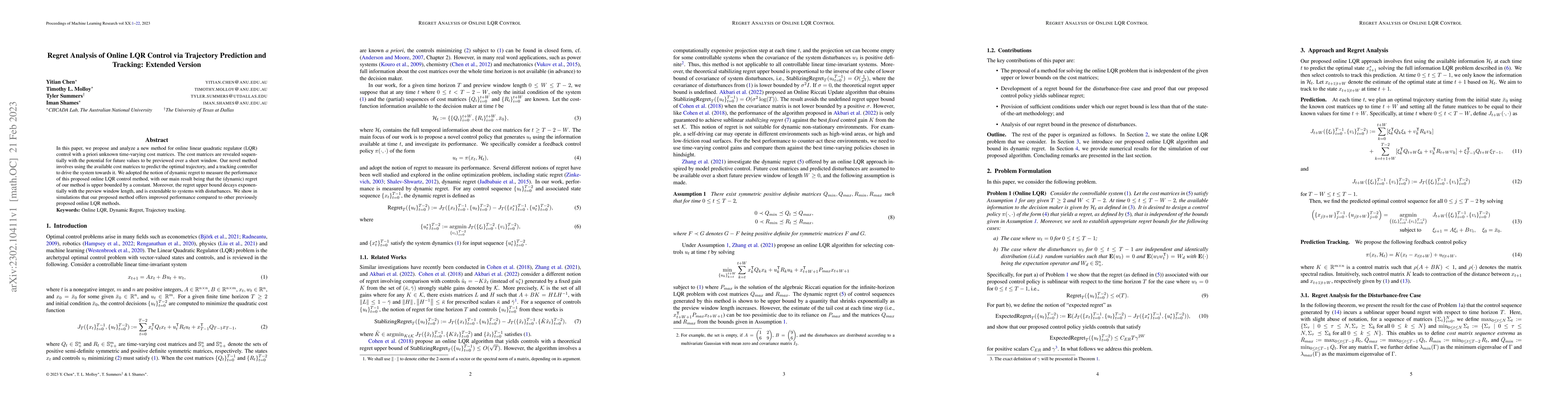 Thumbnail for Regret Analysis of Online LQR Control via Trajectory Prediction and
  Tracking: Extended Version