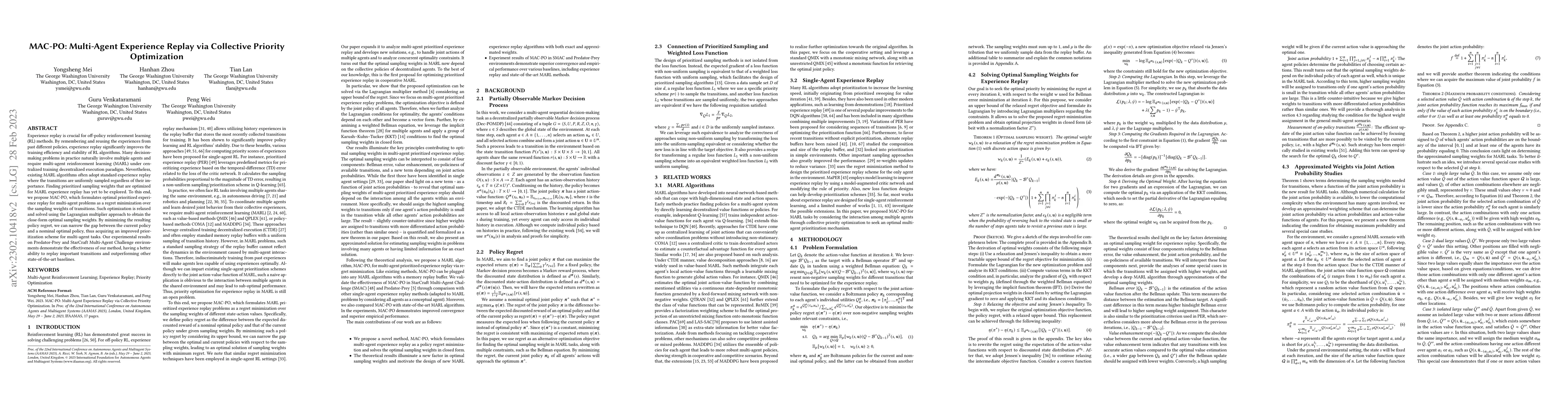 Thumbnail for MAC-PO: Multi-Agent Experience Replay via Collective Priority
  Optimization