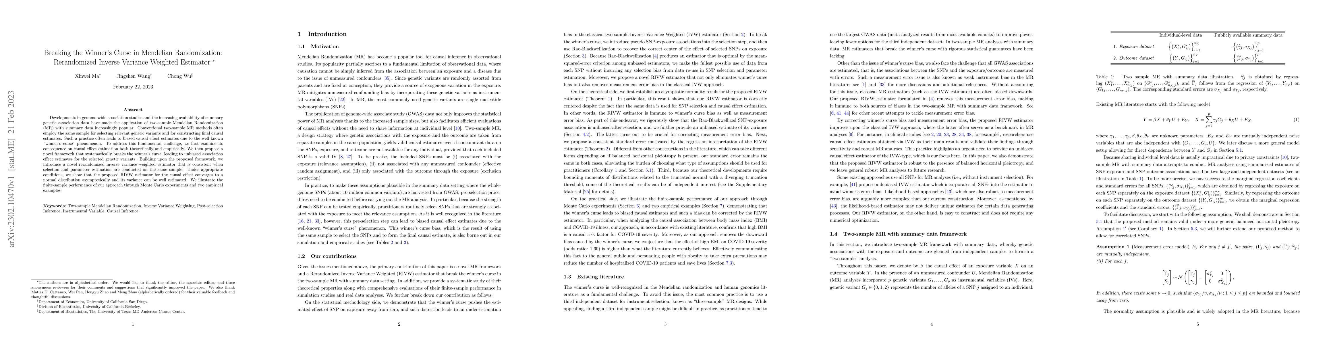 Thumbnail for Breaking the Winner's Curse in Mendelian Randomization: Rerandomized
  Inverse Variance Weighted Estimator