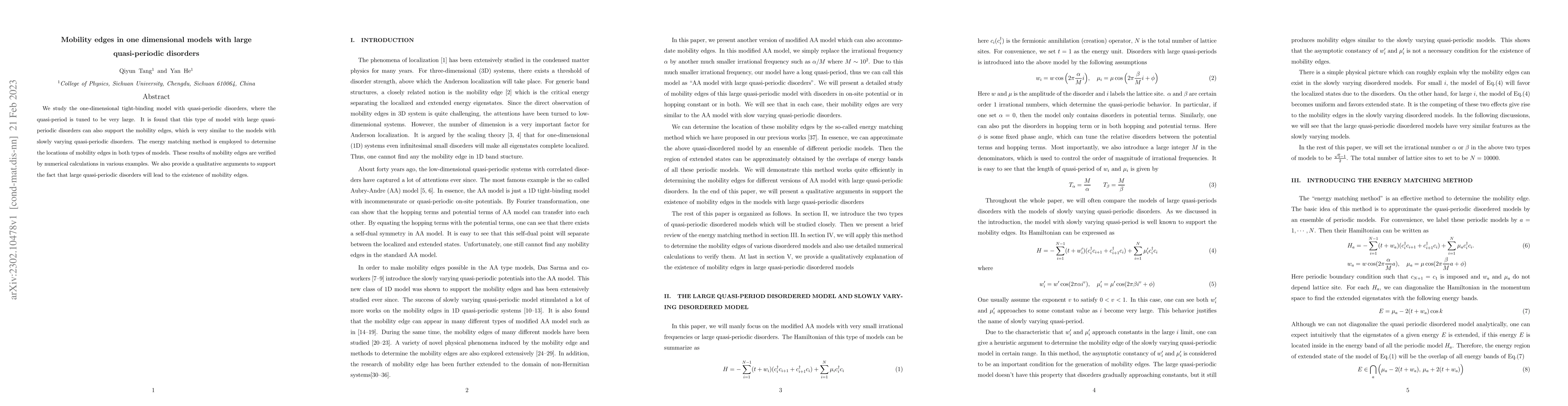 Thumbnail for Mobility edges in one dimensional models with large quasi-periodic
  disorders