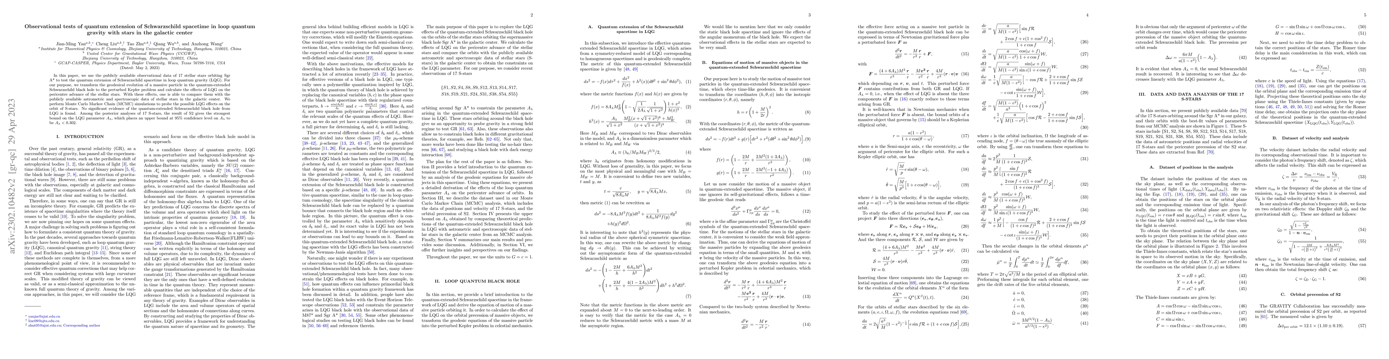 Thumbnail for Observational tests of quantum extension of Schwarzschild spacetime in
  loop quantum gravity with stars in the galactic center