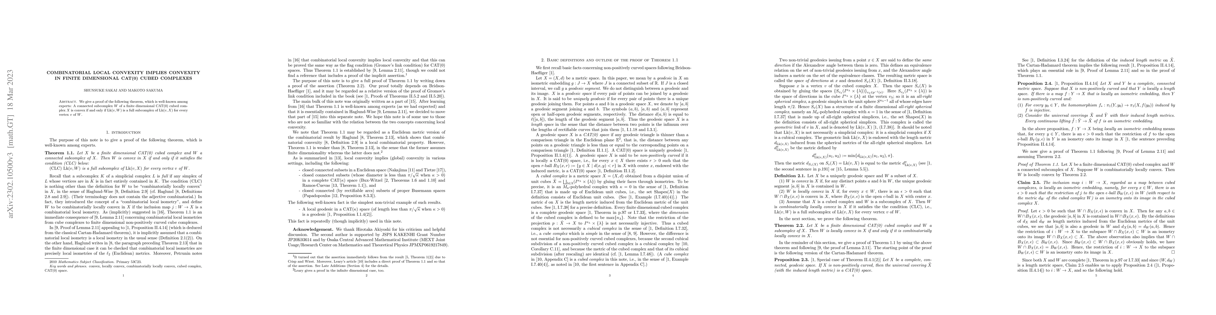 Thumbnail for Combinatorial local convexity implies convexity in finite dimensional
  CAT(0) cubed complexes