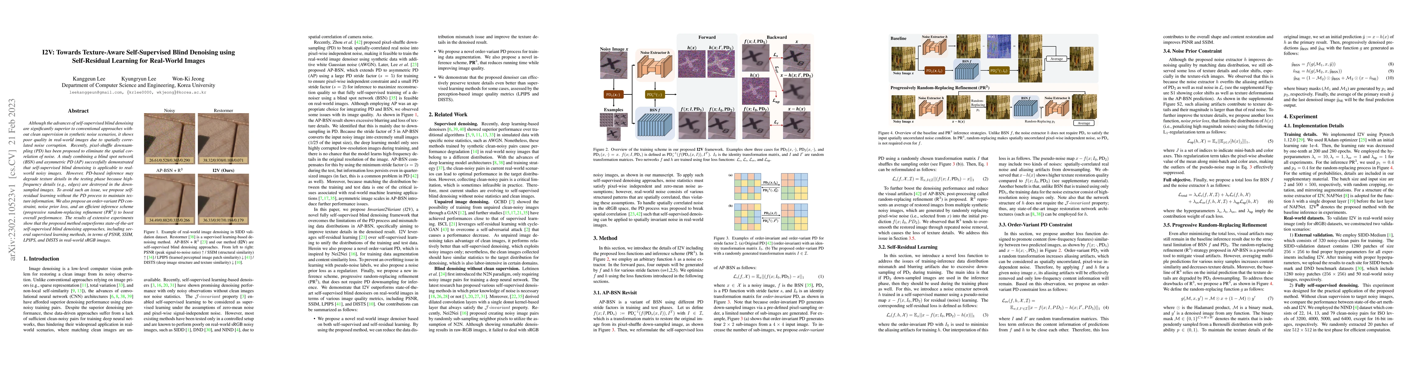 Thumbnail for I2V: Towards Texture-Aware Self-Supervised Blind Denoising using
  Self-Residual Learning for Real-World Images