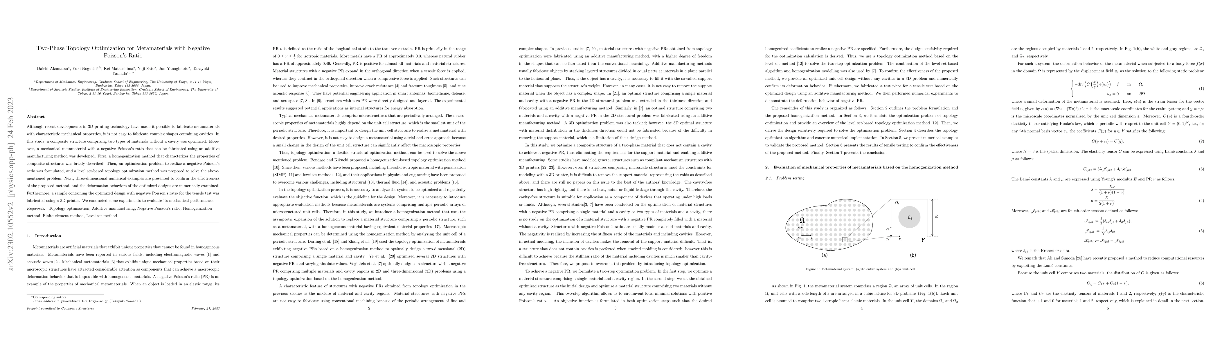 Thumbnail for Two-Phase Topology Optimization for Metamaterials with Negative
  Poisson's Ratio