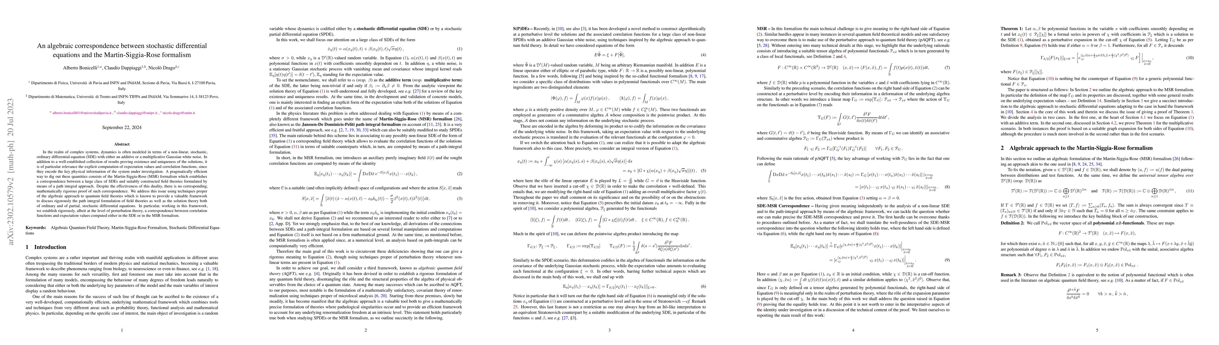 Thumbnail for An algebraic correspondence between stochastic differential equations
  and the Martin-Siggia-Rose formalism